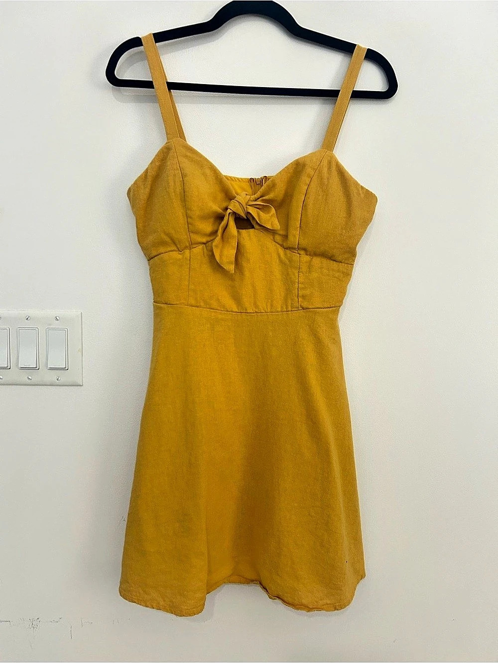Speechless Dress L Mustard Yellow Linen Blend Tie Front Cutout Retro Cottagecore